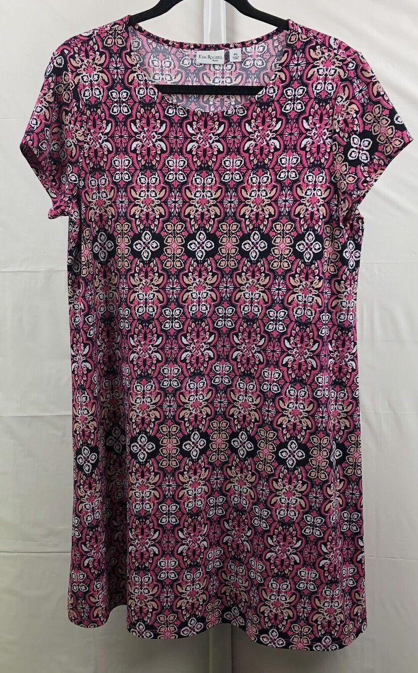 Kim Rogers Dress Women Petite PS Pink Floral Stretch Knit Cap Sleeve Flowy